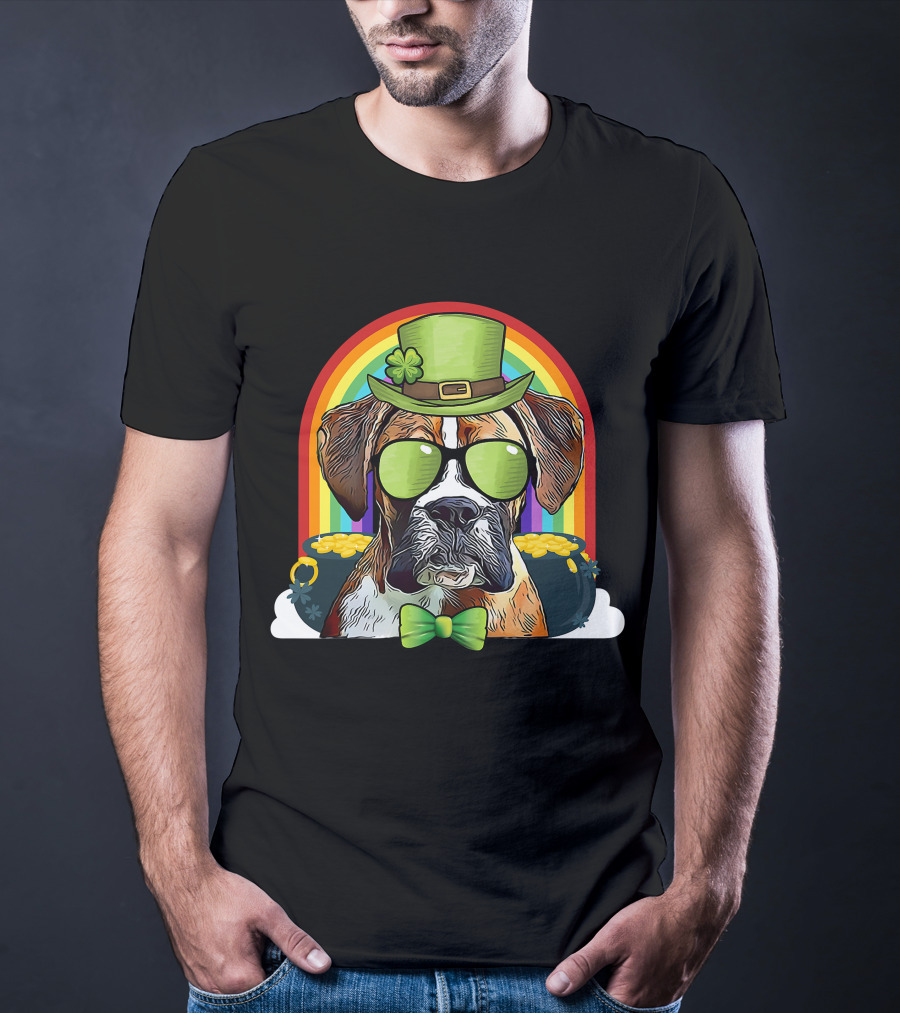 Boxer Dog Leprechaun Funny St Patricks Rainbow Hat Bow Tie Shamrocks T-Shirt