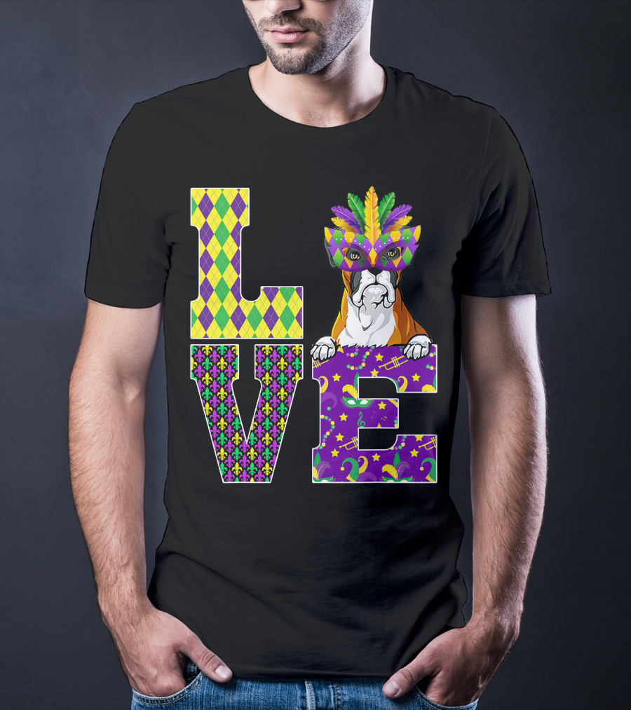 Boxer Dog Lover Mardi Gras Costume Mask Fleur De Lis Pattern Love T-Shirt
