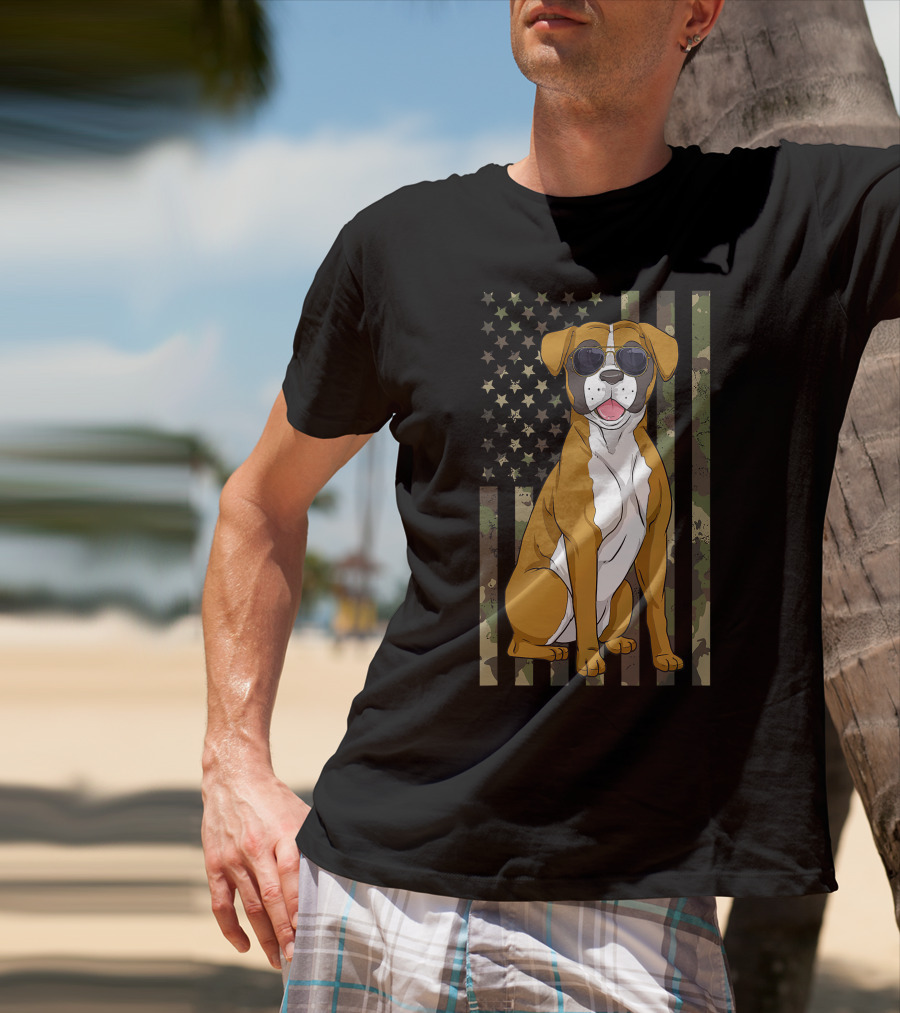 Boxer Dog Men Women Boxer Dad Mom Camo USA Flag Sunglasses T-Shirt