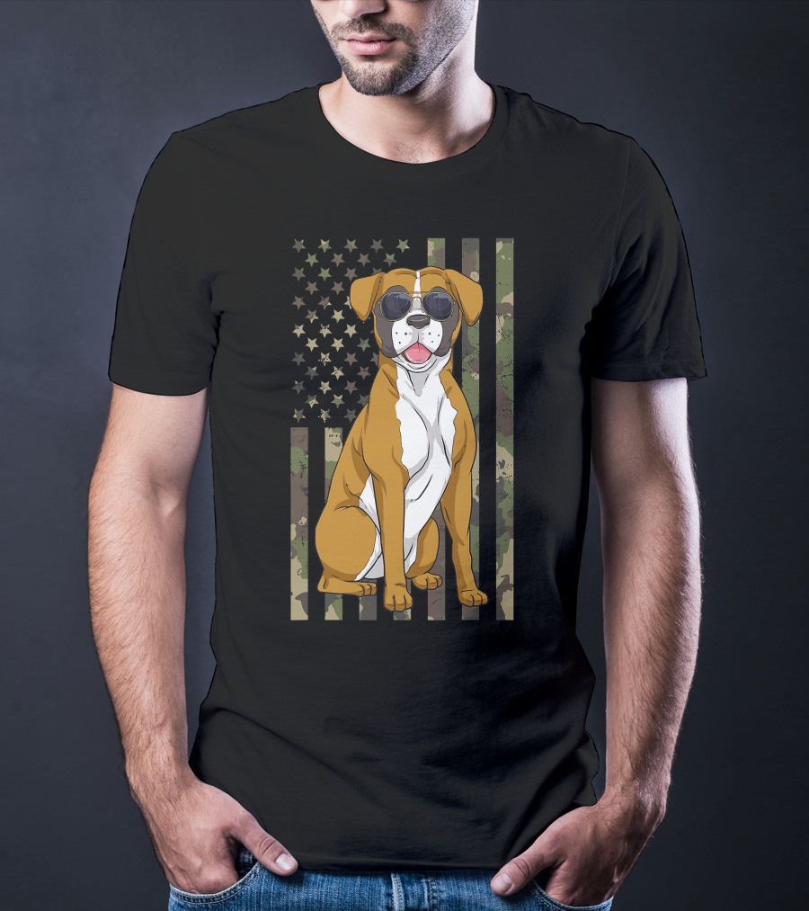 Boxer Dog Men Women Boxer Dad Mom Camo USA Flag Sunglasses T-Shirt