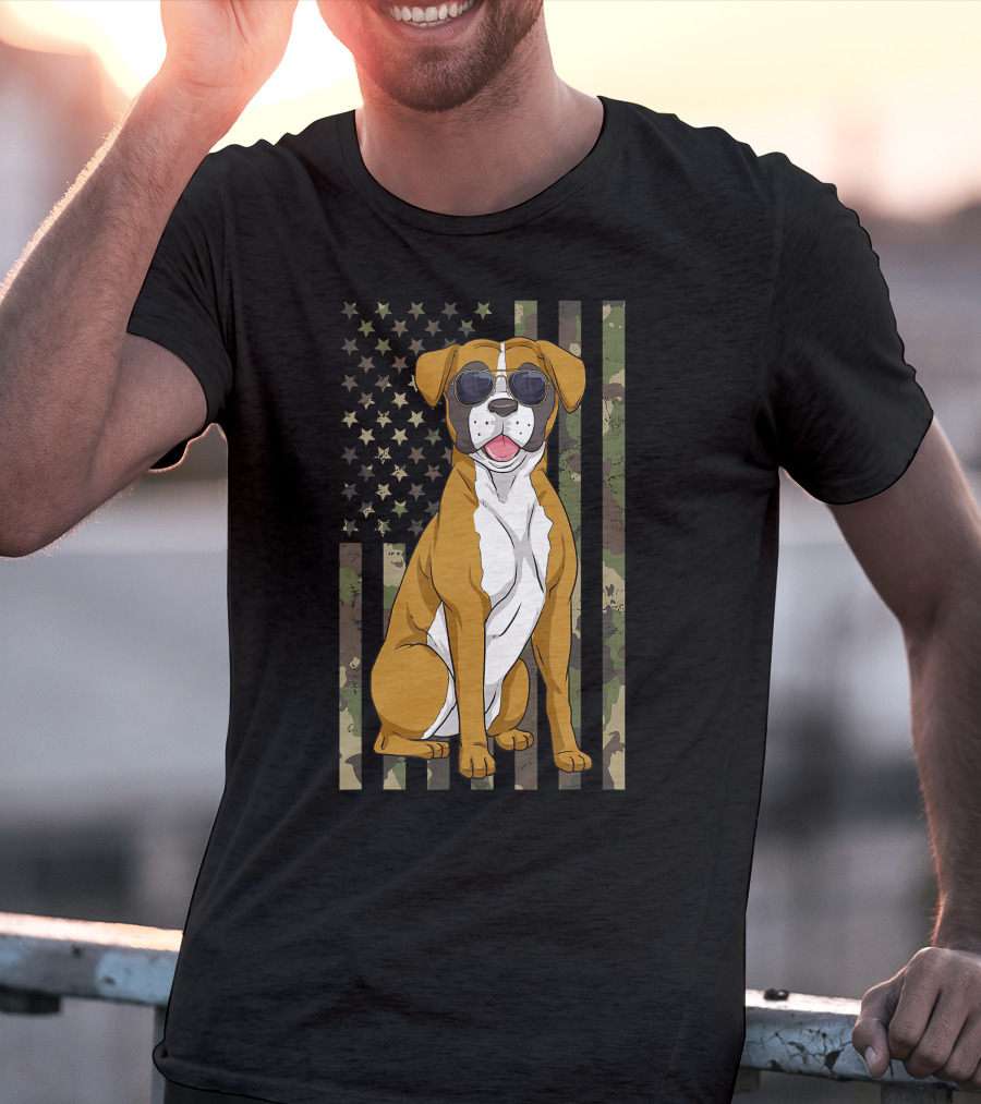 Boxer Dog Men Women Boxer Dad Mom Camo USA Flag Sunglasses T-Shirt