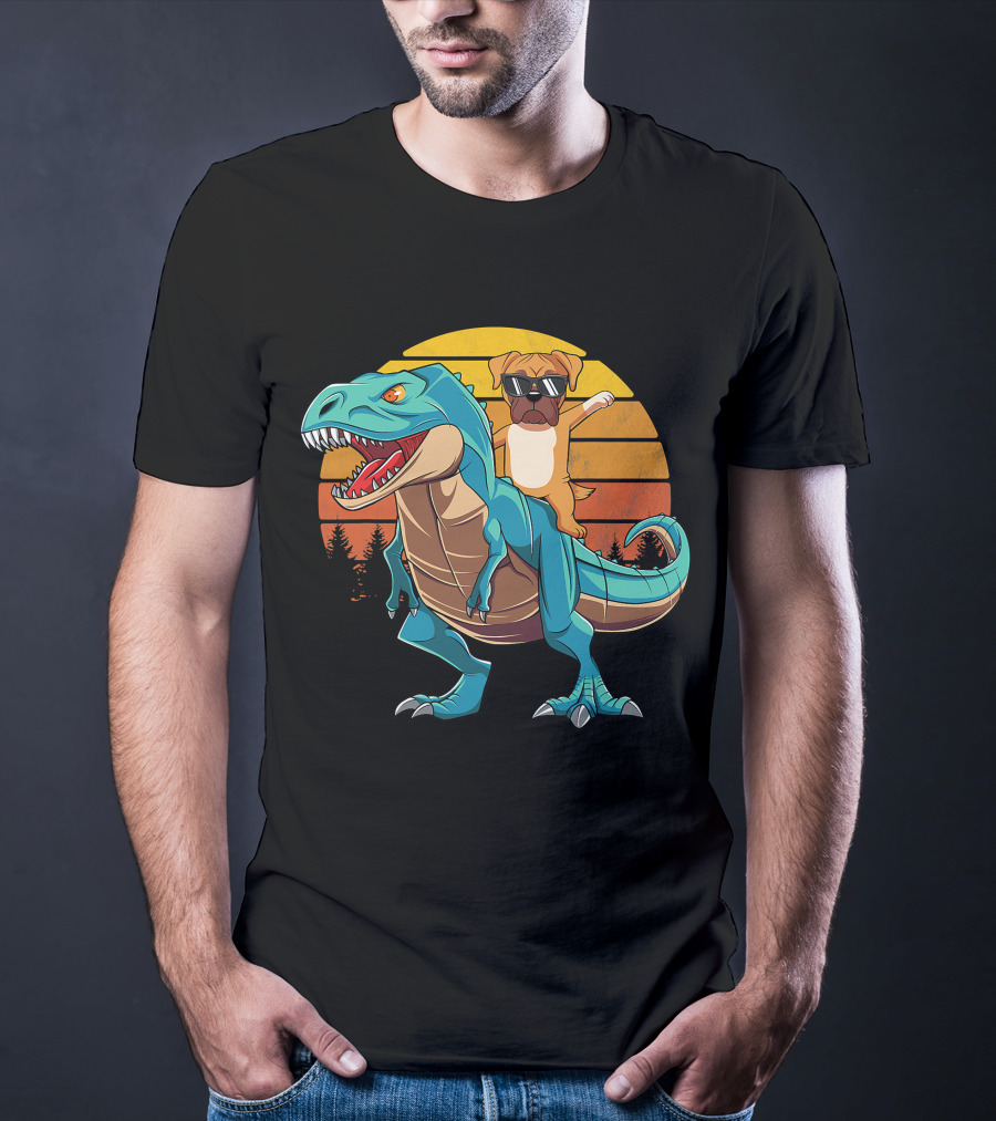 Boxer Dog Riding Dinosaur Rex Boys Girl Sunglasses Sunset T-Shirt