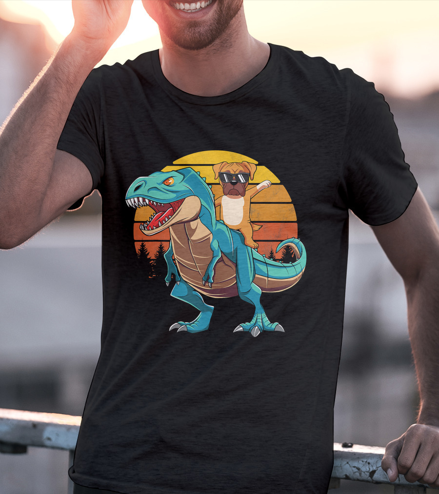 Boxer Dog Riding Dinosaur Rex Boys Girl Sunglasses Sunset T-Shirt
