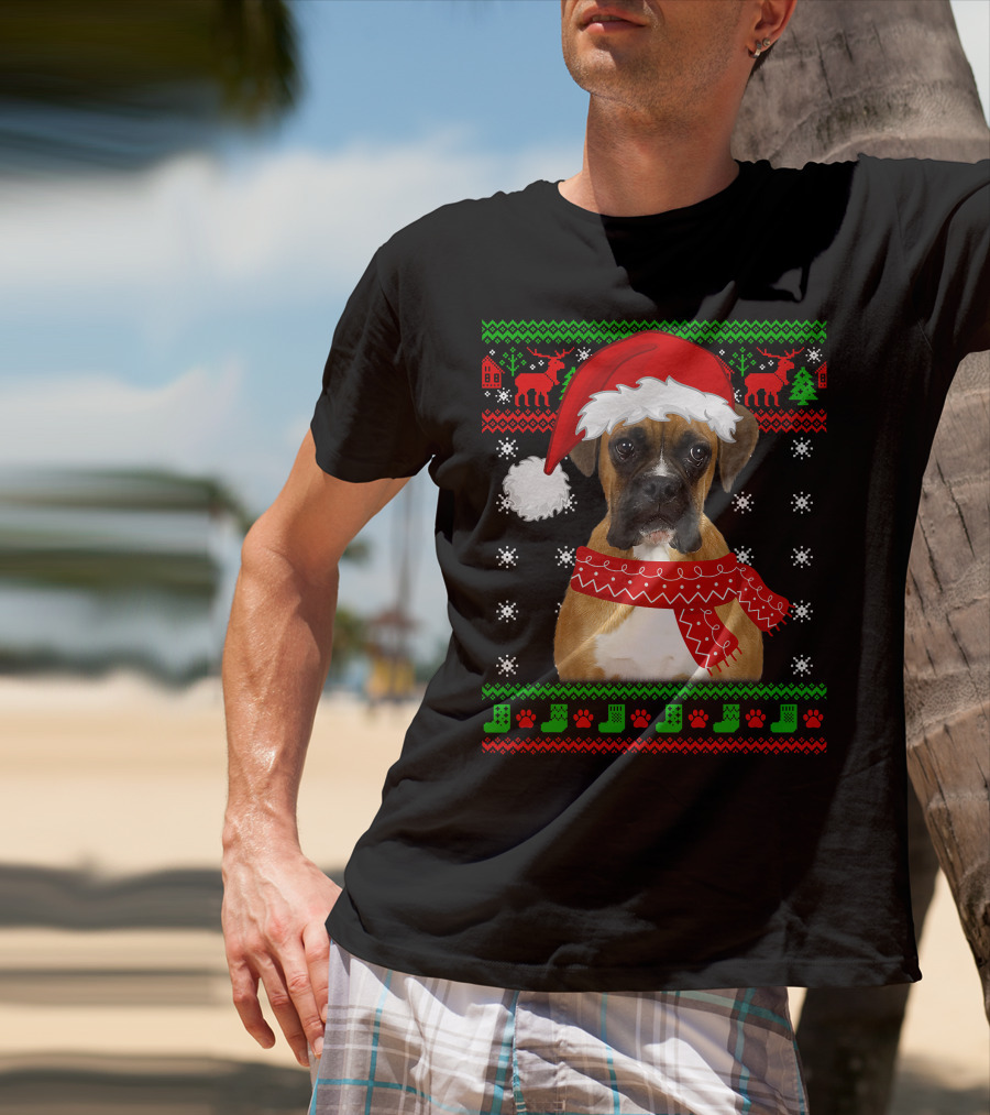 Boxer Dog Christmas Puppy Ugly Sweater Santa Hat Reindeer Snowflakes T-Shirt