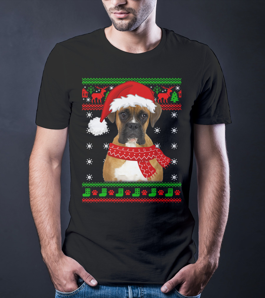 Boxer Dog Christmas Puppy Ugly Sweater Santa Hat Reindeer Snowflakes T-Shirt