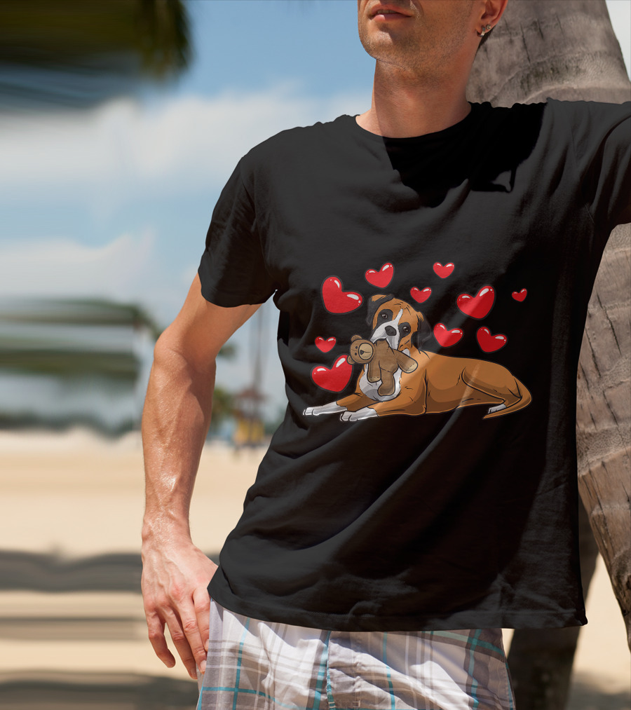 Boxer Dog Cuddling Teddy Bear Surrounded By Red Hearts T-Shirt