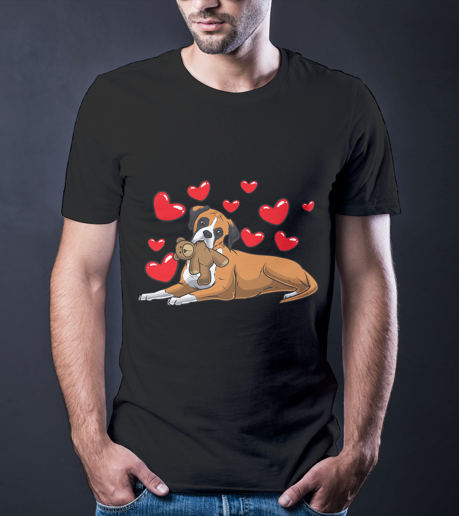 Boxer Dog Cuddling Teddy Bear Surrounded By Red Hearts T-Shirt