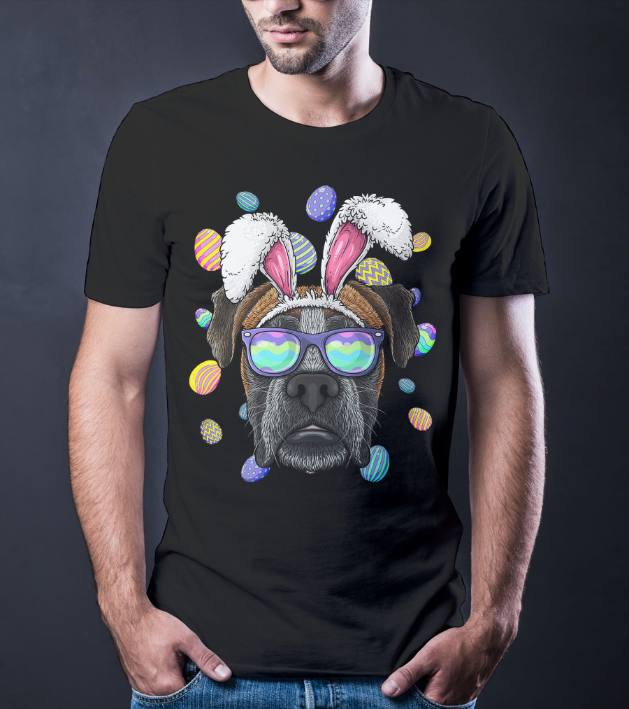 Boxer Dog With Bunny Ears And Sunglasses Surrounded By Colorful Easter Eggs T-Shirt