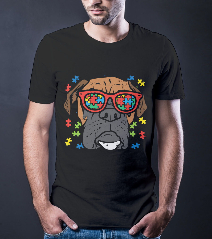 Boxer Face With Puzzle Glasses For Autism Awareness T-Shirt