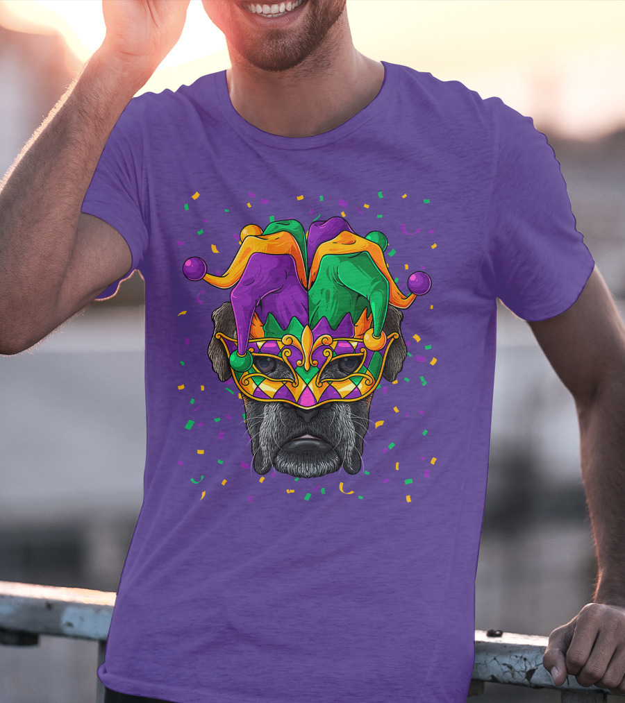 Carnival King Boxer Dog Wearing Jester Mask With Confetti T-Shirt