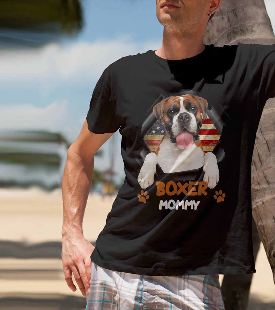 Boxer Mommy Dog With Torn American Flag Background T-Shirt