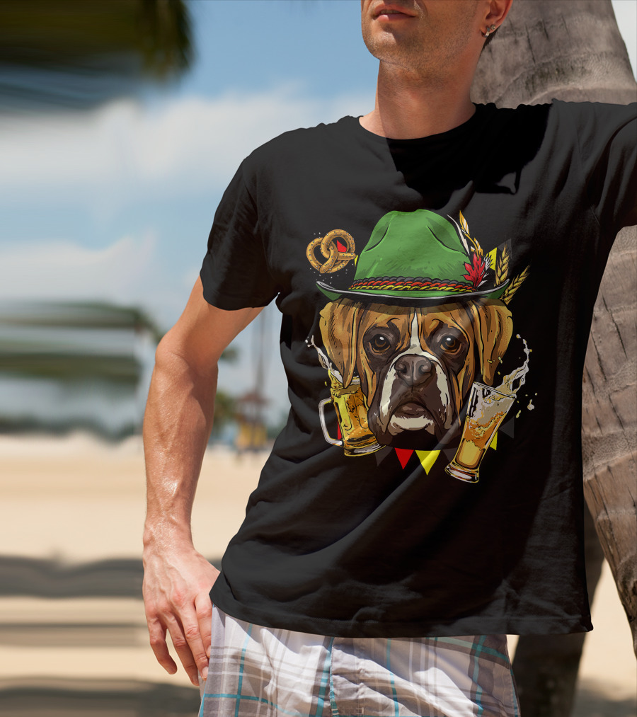 Oktoberfest Boxer Dog Lederhosen Beer Pretzel Hat T-Shirt