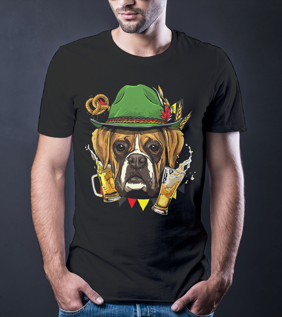 Oktoberfest Boxer Dog Lederhosen Beer Pretzel Hat T-Shirt