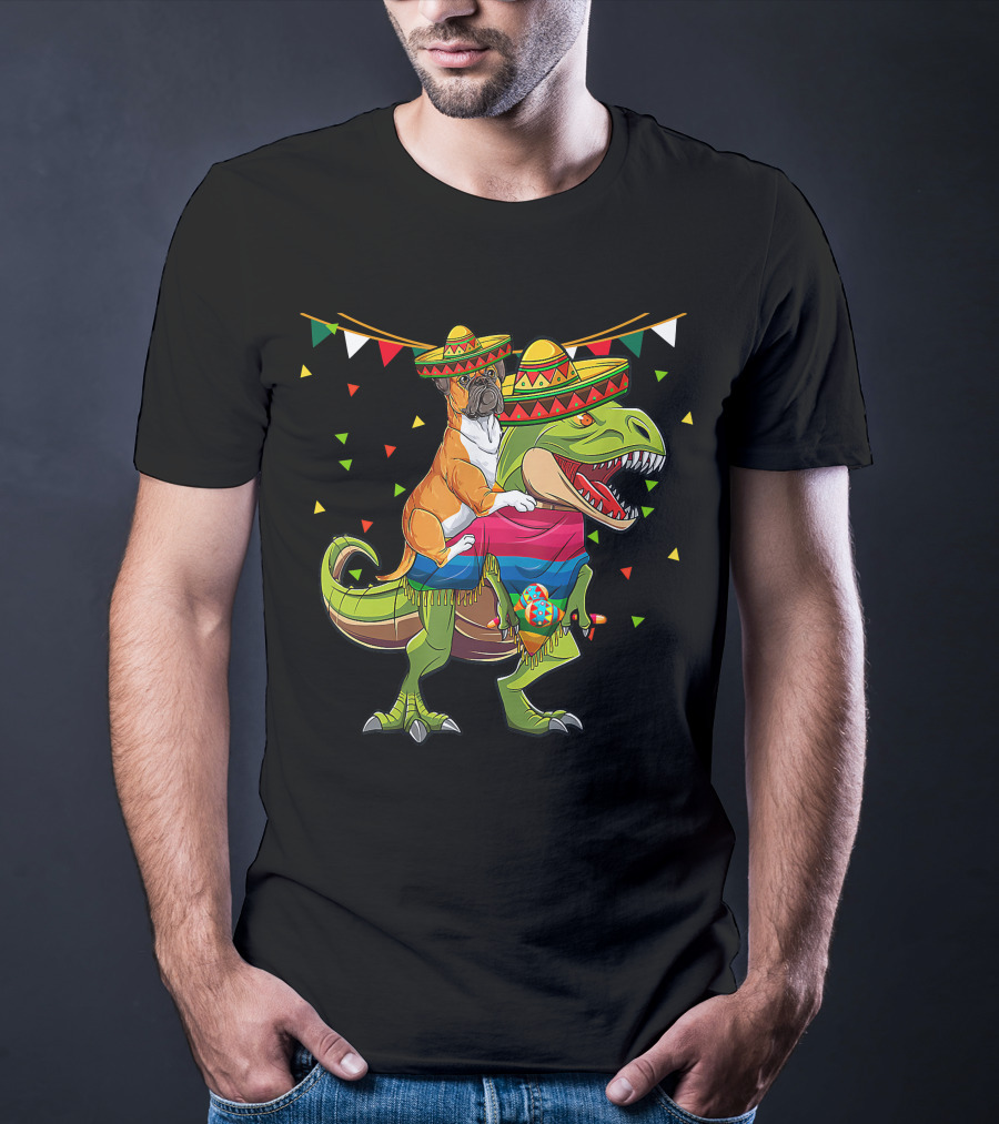 Boxer Dog With Sombrero Riding Dinosaur Rex Fiesta Flag Party T-Shirt