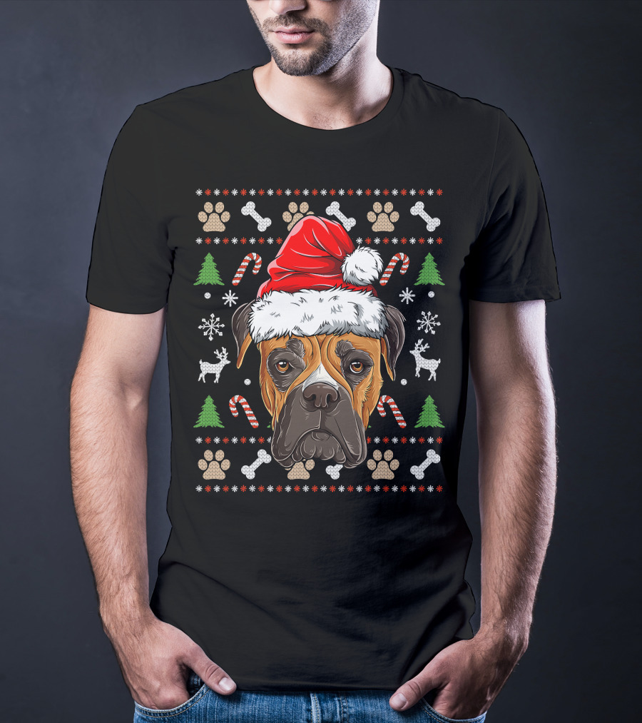 Seasonal Spirit Boxer In Christmas Santa Hat With Candy Canes And Snowflakes T-Shirt