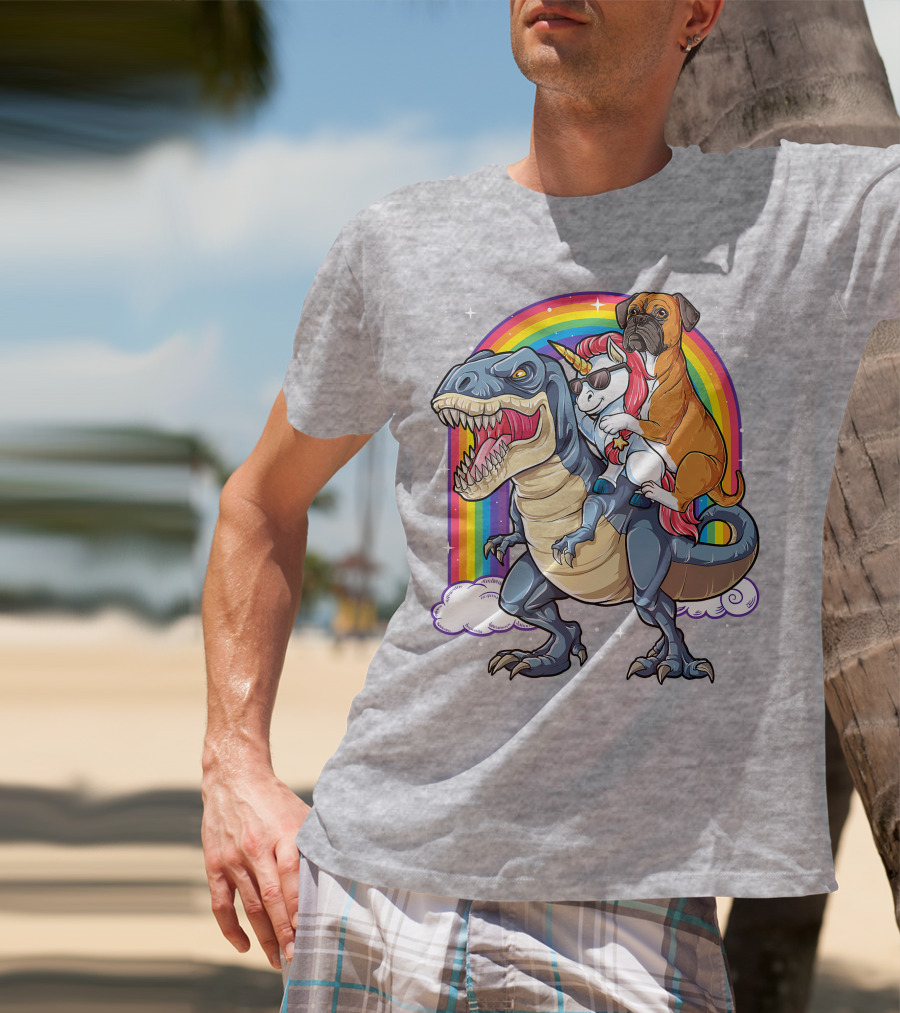 Boxer Riding Dinosaur Unicorn T-Shirt