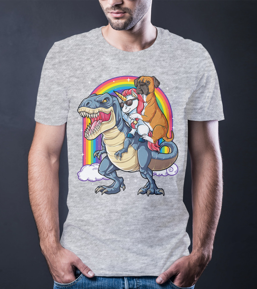 Boxer Riding Dinosaur Unicorn T-Shirt