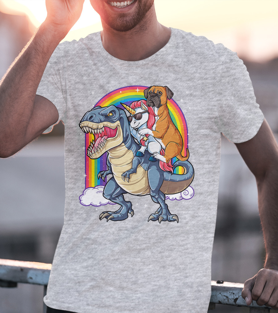 Boxer Riding Dinosaur Unicorn T-Shirt