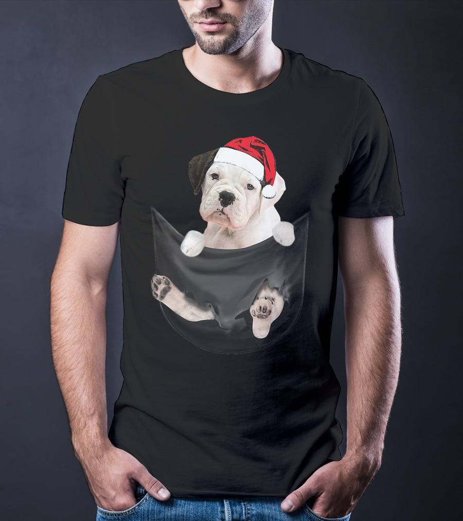 White Boxer Dog Santa Hat Christmas Pocket Mid-Length T-Shirt