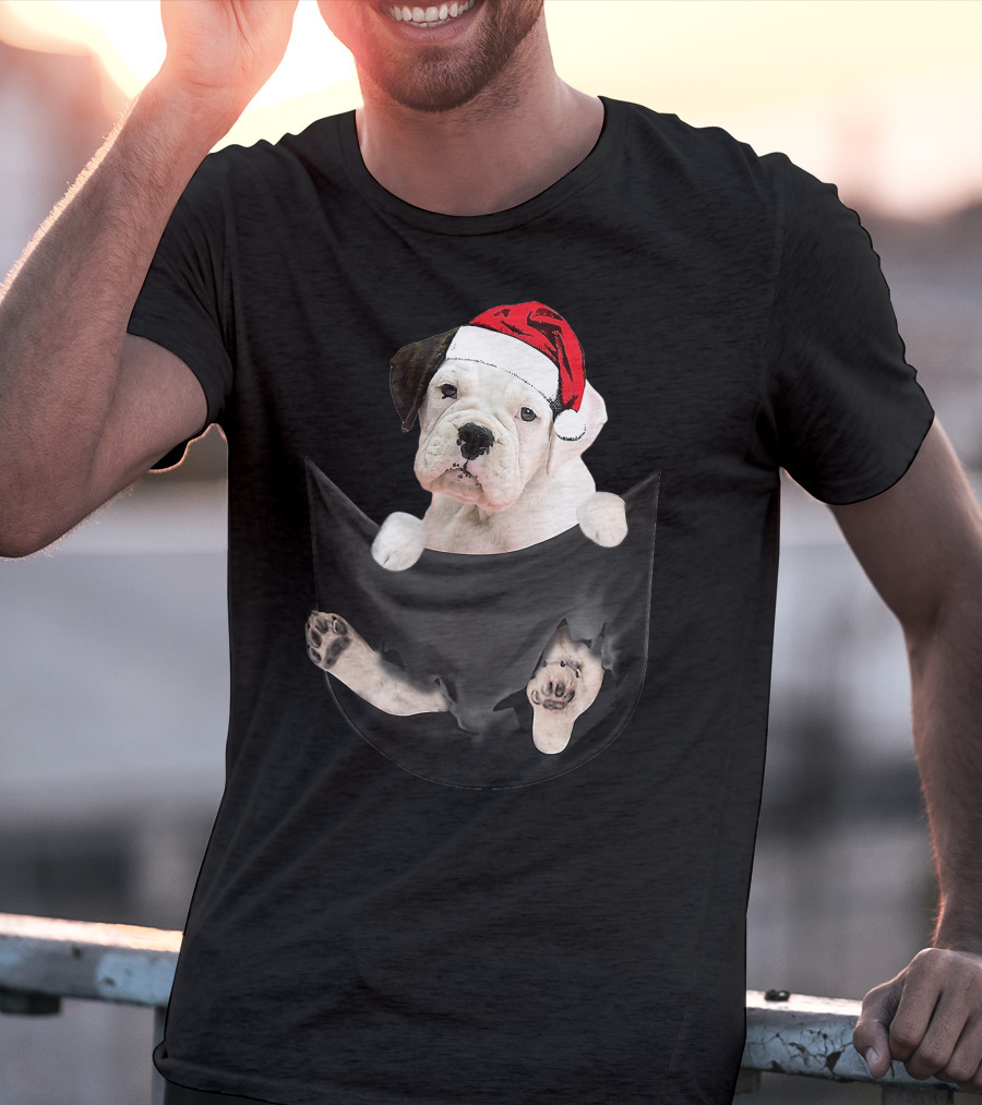 White Boxer Dog Santa Hat Christmas Pocket Mid-Length T-Shirt