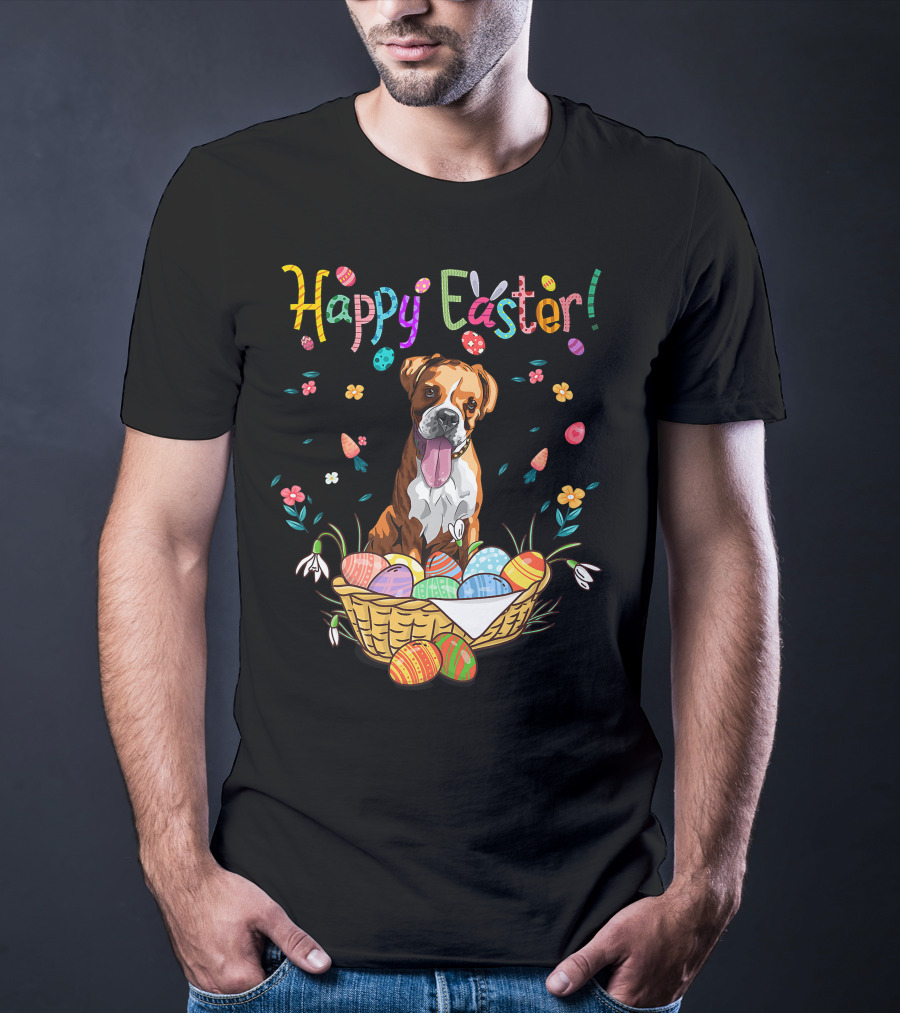 Happy Easter Bunny Boxer Dog In Egg Basket T-Shirt