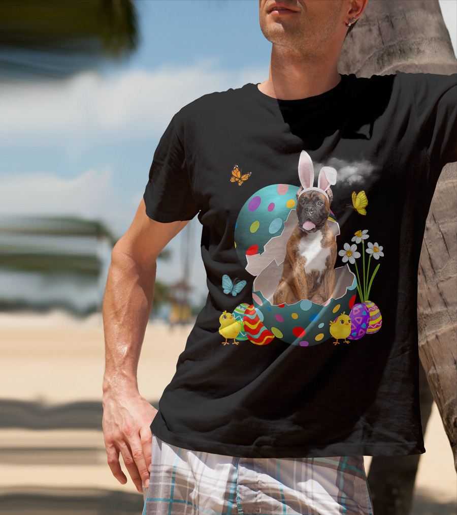 Bunny Boxer Dog With Easter Eggs Chicks Butterflies And Flowers T-Shirt