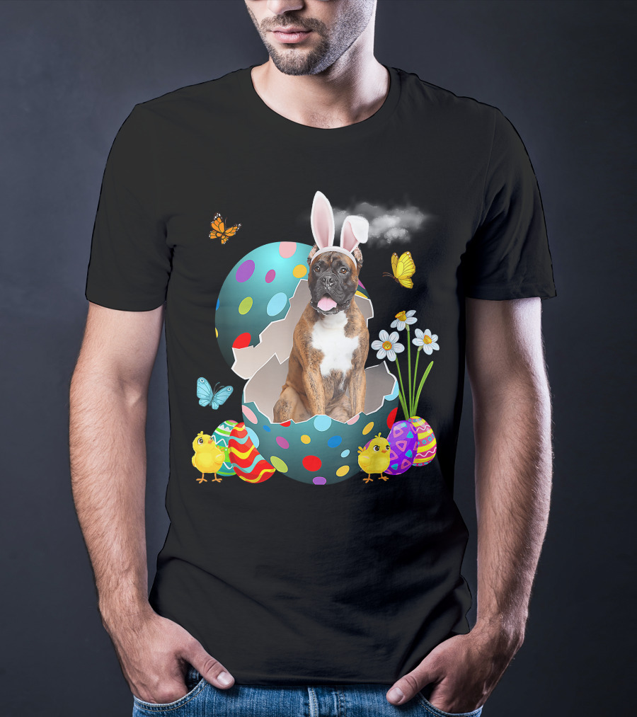 Bunny Boxer Dog With Easter Eggs Chicks Butterflies And Flowers T-Shirt