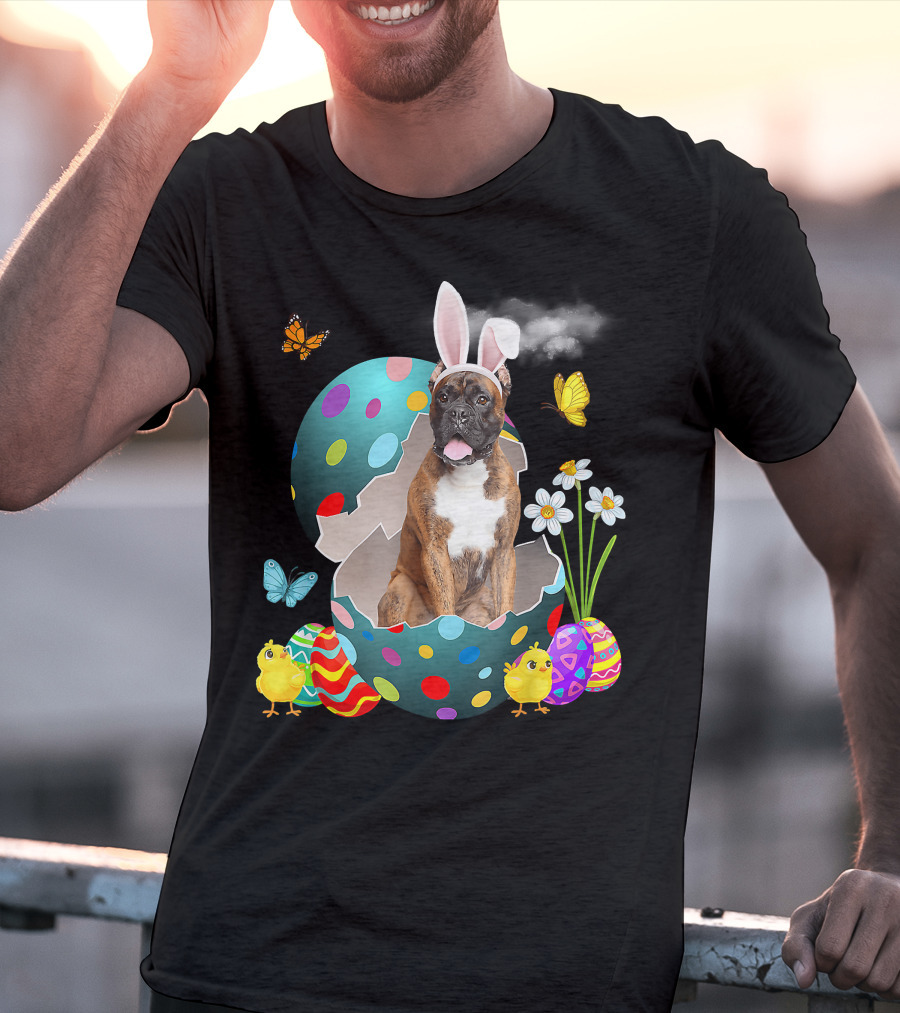 Bunny Boxer Dog With Easter Eggs Chicks Butterflies And Flowers T-Shirt