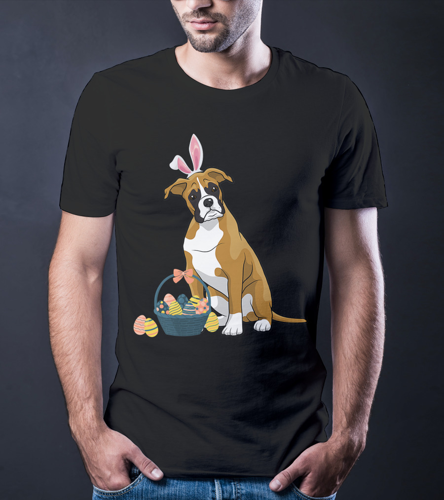 Bunny Ears Boxer Dog Cute Doge Rabbit With Easter Eggs Basket T-Shirt