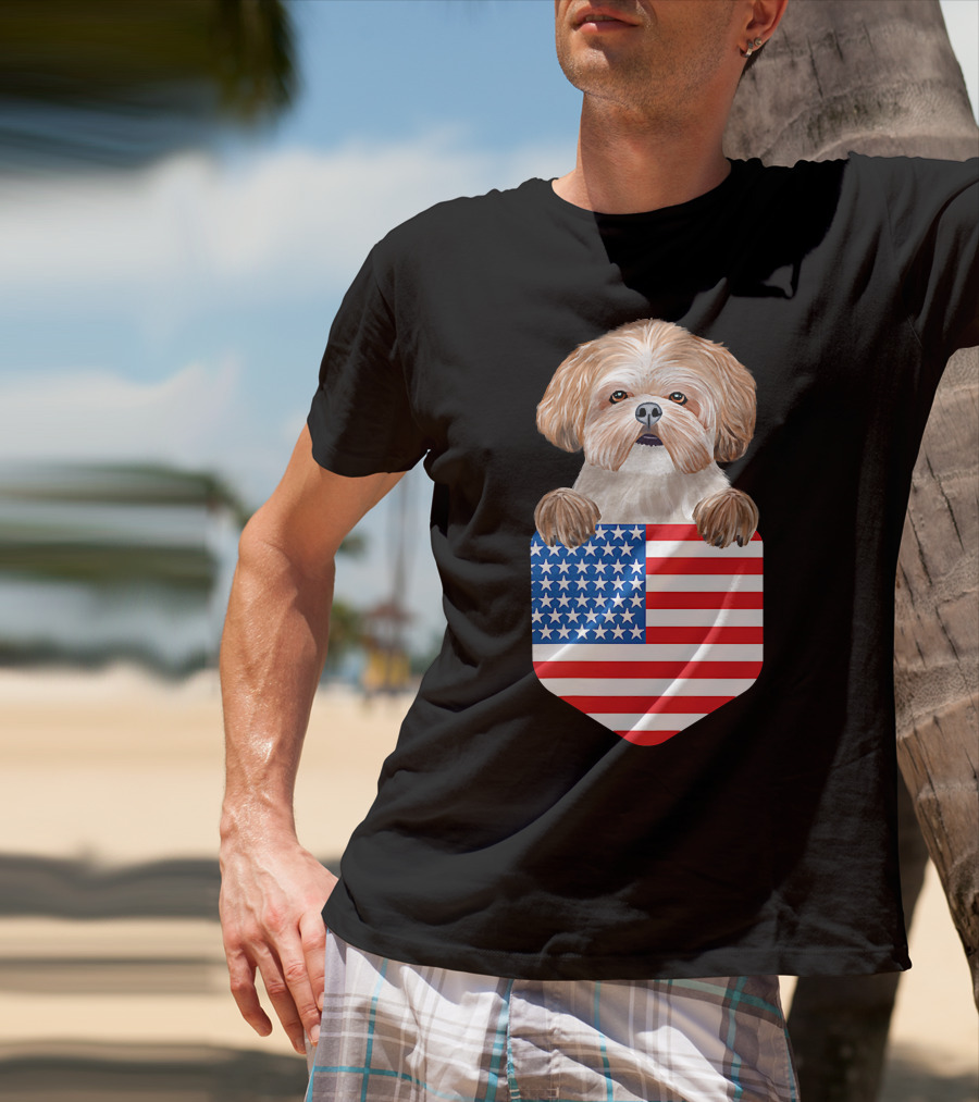 Shih Tzu Dog In American Flag Pocket T-Shirt