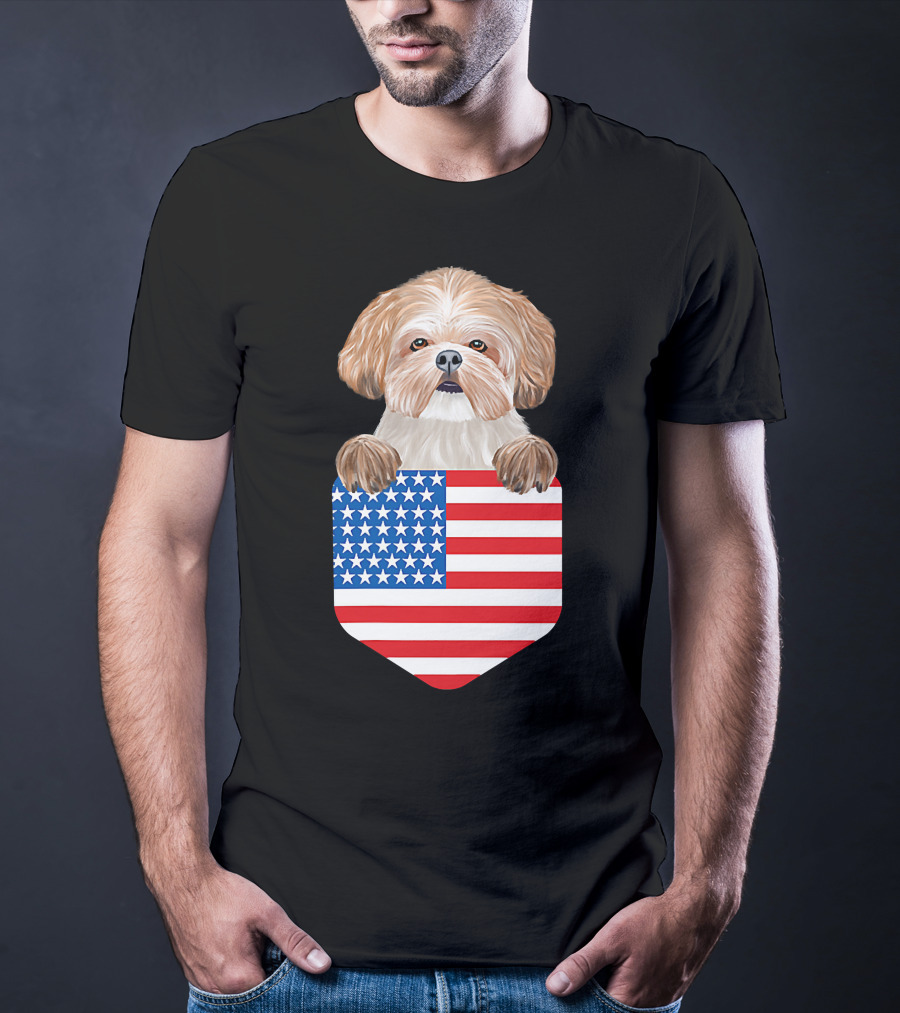 Shih Tzu Dog In American Flag Pocket T-Shirt