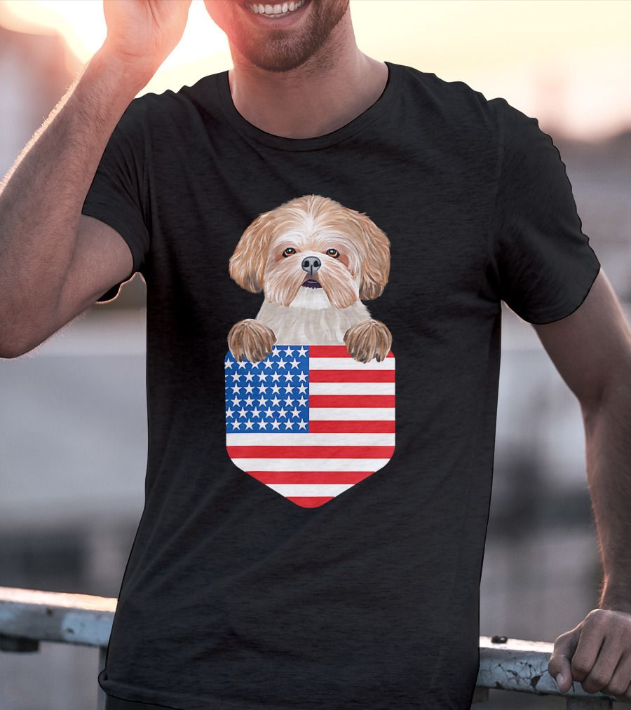 Shih Tzu Dog In American Flag Pocket T-Shirt