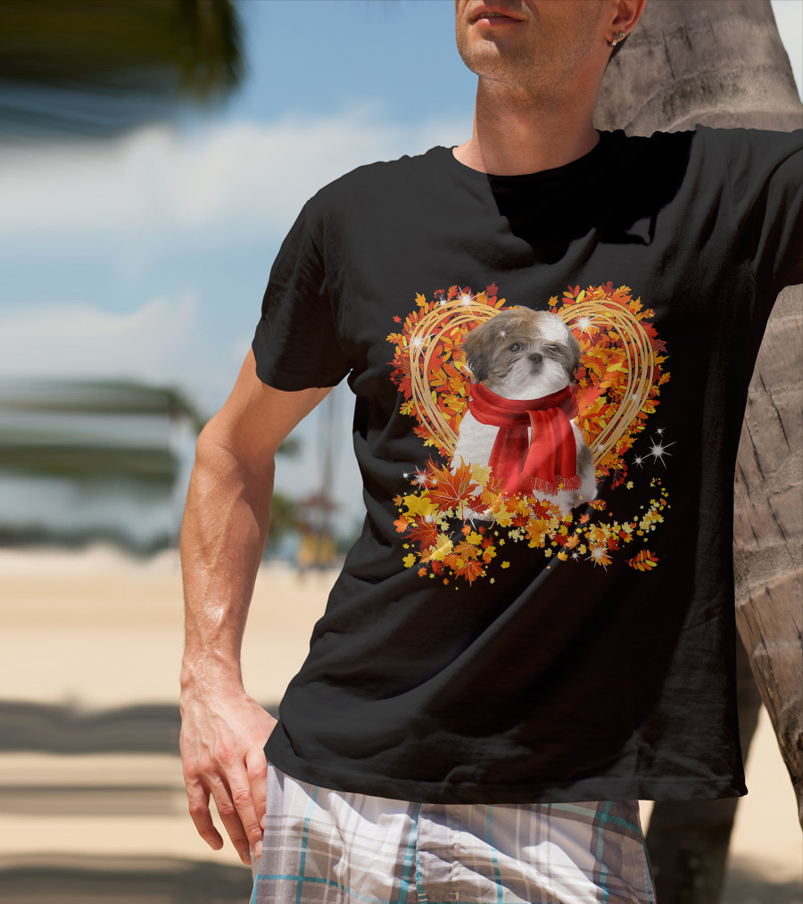 Baby Shih Tzu Love Autumn Fall Season With Heart Leaves T-Shirt