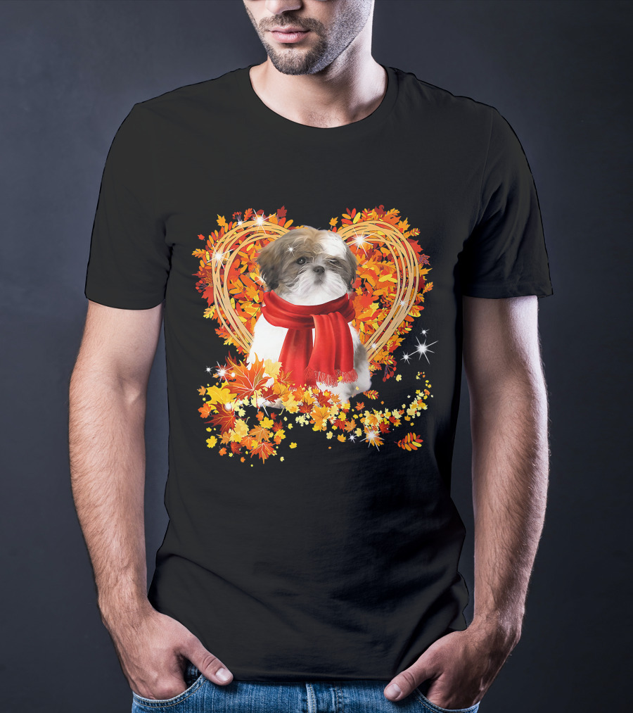 Baby Shih Tzu Love Autumn Fall Season With Heart Leaves T-Shirt