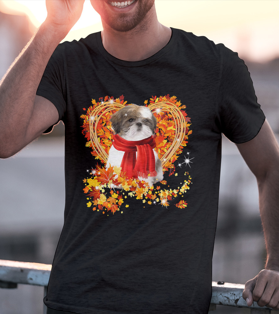 Baby Shih Tzu Love Autumn Fall Season With Heart Leaves T-Shirt