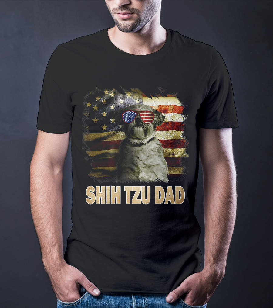 Shih Tzu Dad American Flag Glasses Patriotic Dog Holiday T-Shirt