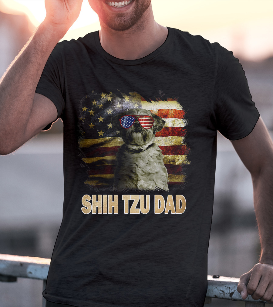 Shih Tzu Dad American Flag Glasses Patriotic Dog Holiday T-Shirt