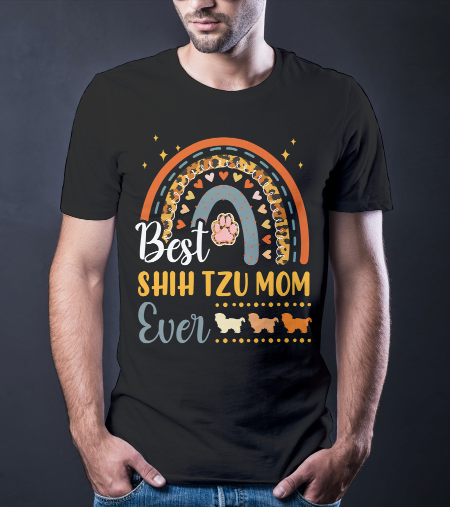 Shih Tzu Mom Ever Paw Print Rainbow Hearts T-Shirt
