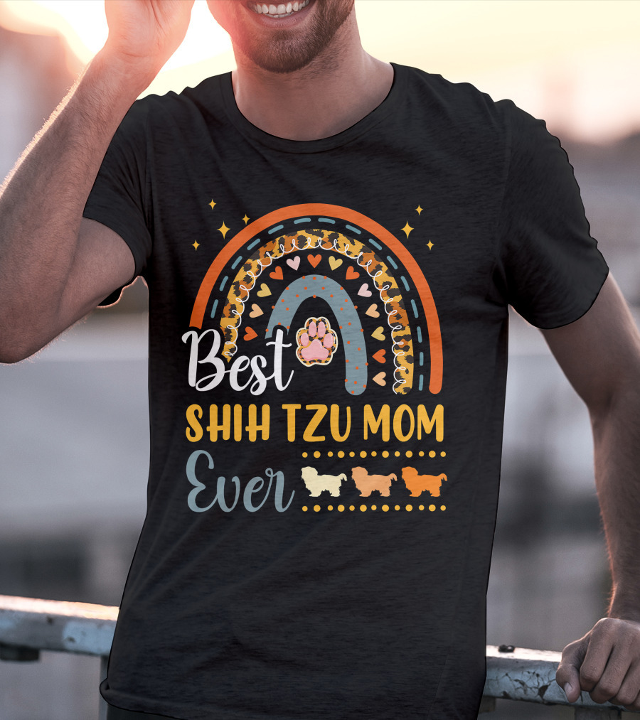 Shih Tzu Mom Ever Paw Print Rainbow Hearts T-Shirt
