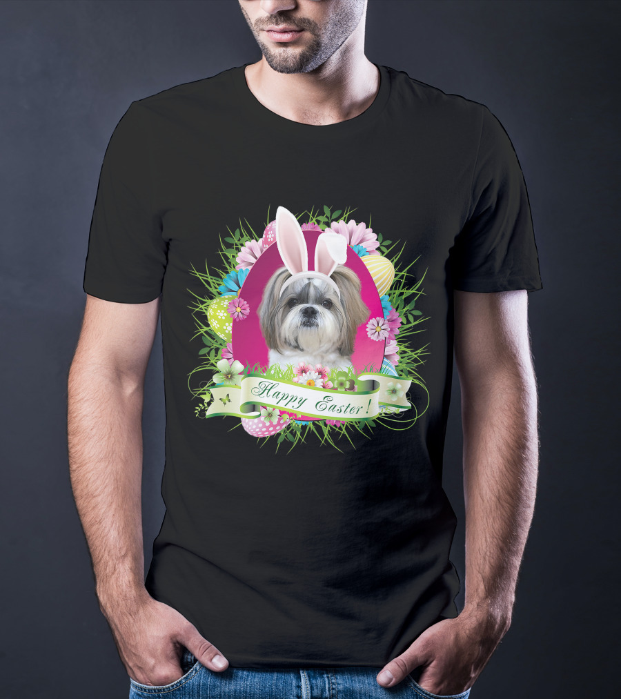 Happy Easter Bunny Shih Tzu Dog With Flowers And Eggs T-Shirt