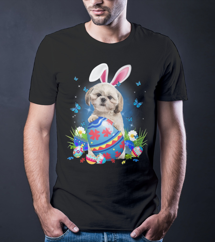 Easter Bunny Shih Tzu With Egg Basket And Flowers T-Shirt
