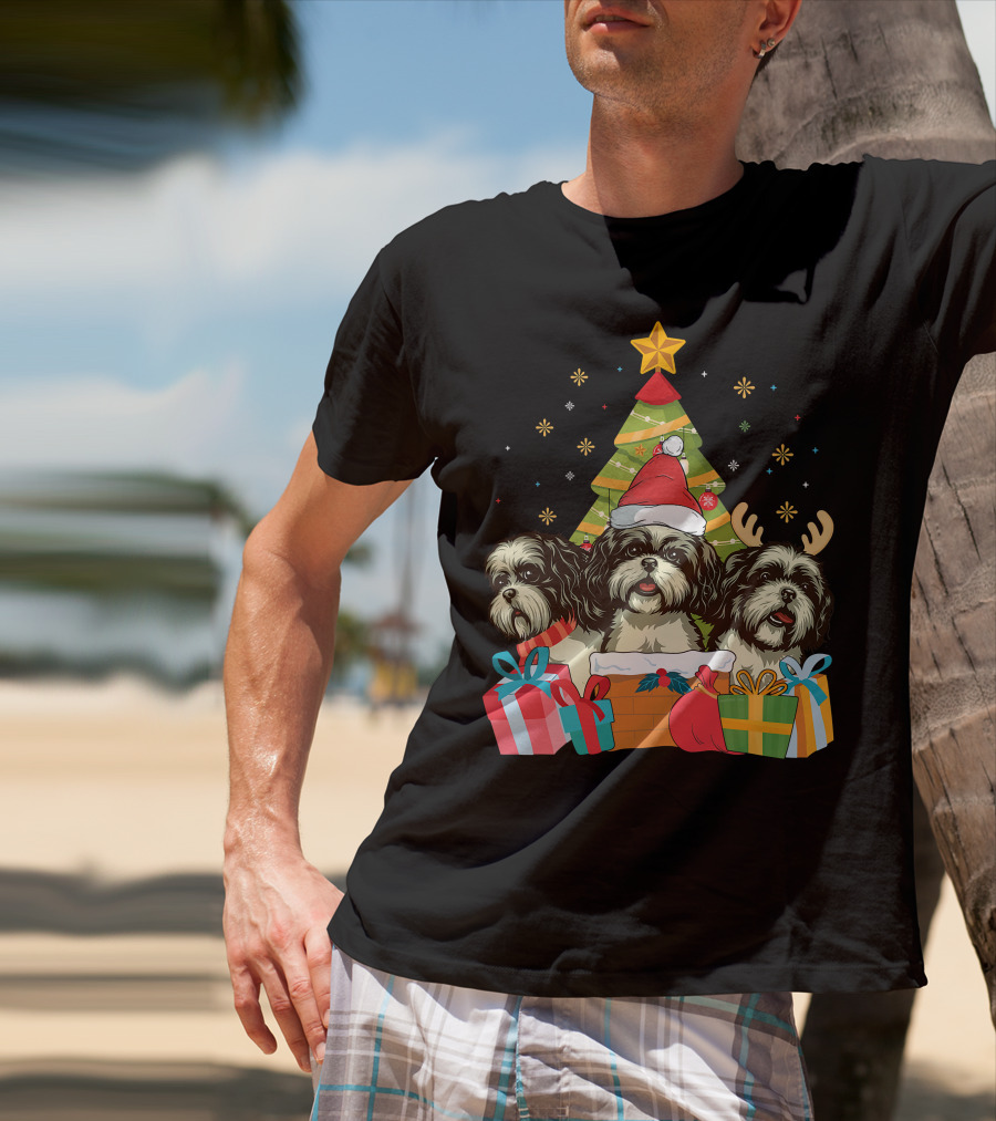 Christmas Shih Tzu Dogs With Santa Hat And Antlers By Xmas Tree T-Shirt