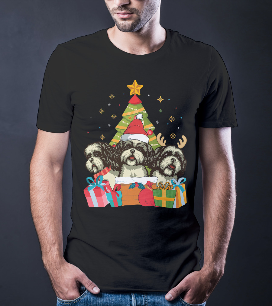 Christmas Shih Tzu Dogs With Santa Hat And Antlers By Xmas Tree T-Shirt
