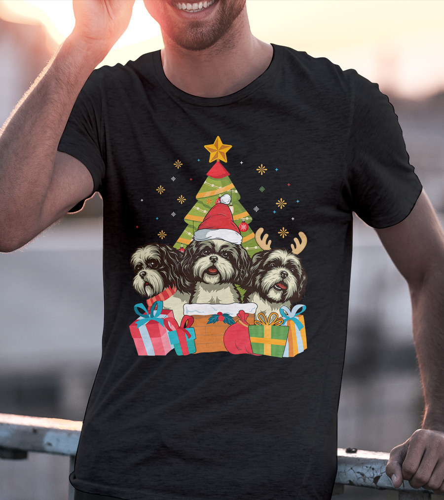 Christmas Shih Tzu Dogs With Santa Hat And Antlers By Xmas Tree T-Shirt