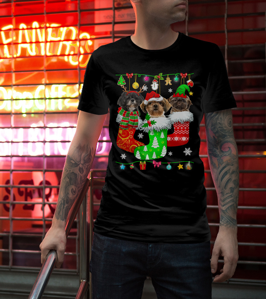 Christmas Shih Tzu Dogs In Festive Holiday Socks Pajama Lover T-Shirt