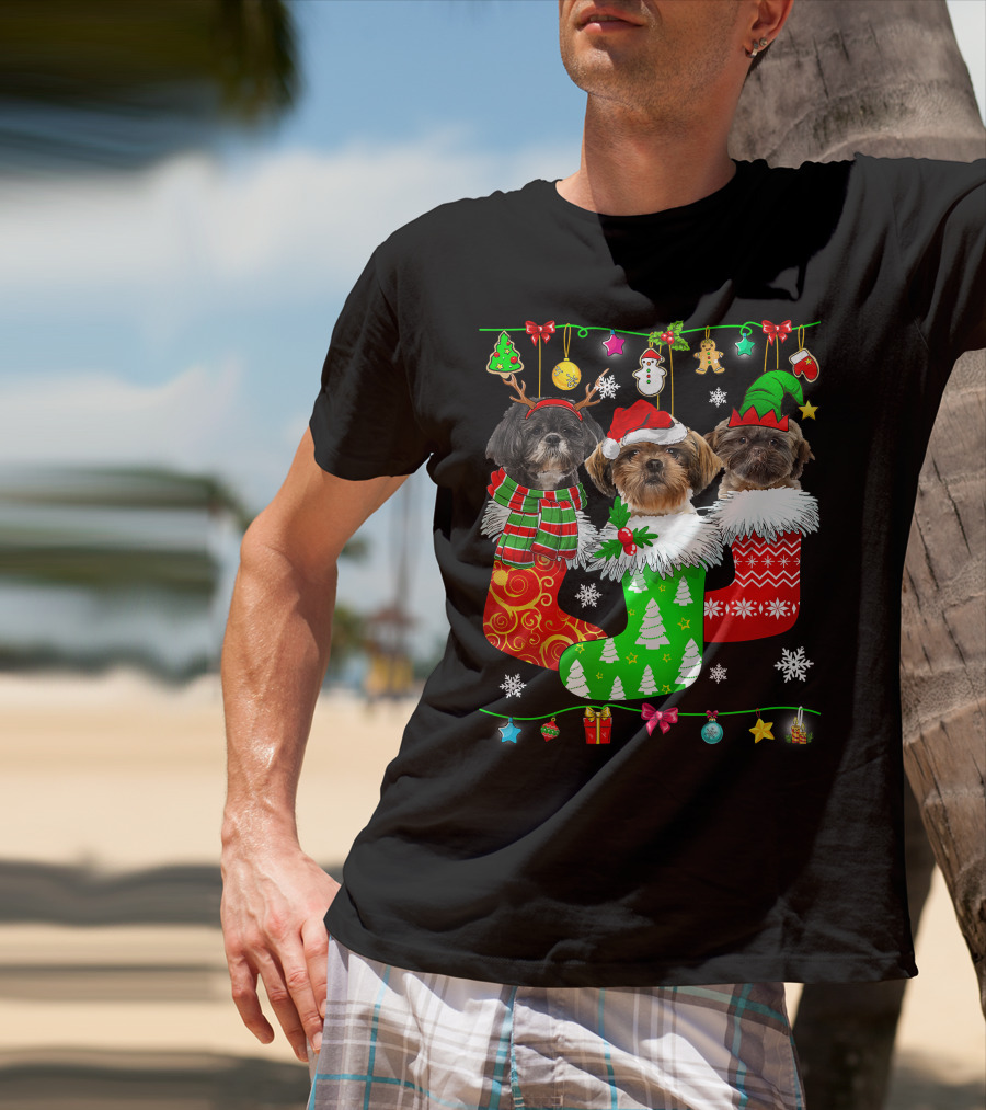 Christmas Shih Tzu Dogs In Festive Holiday Socks Pajama Lover T-Shirt