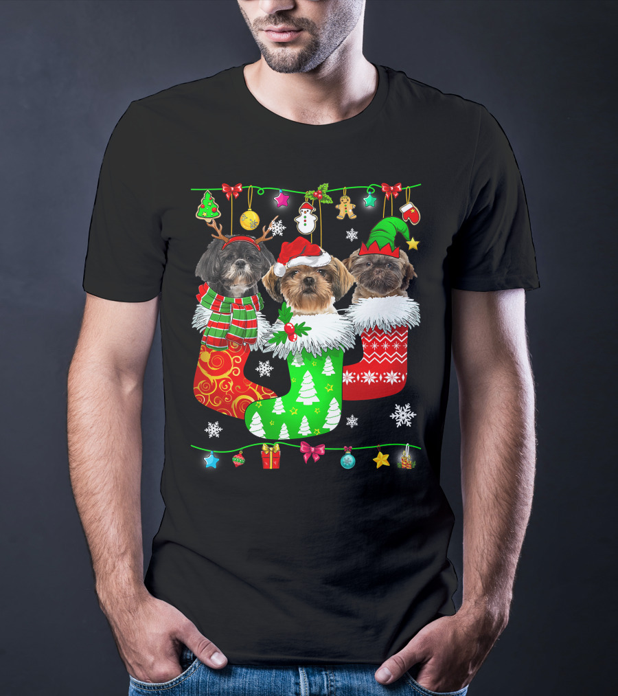 Christmas Shih Tzu Dogs In Festive Holiday Socks Pajama Lover T-Shirt