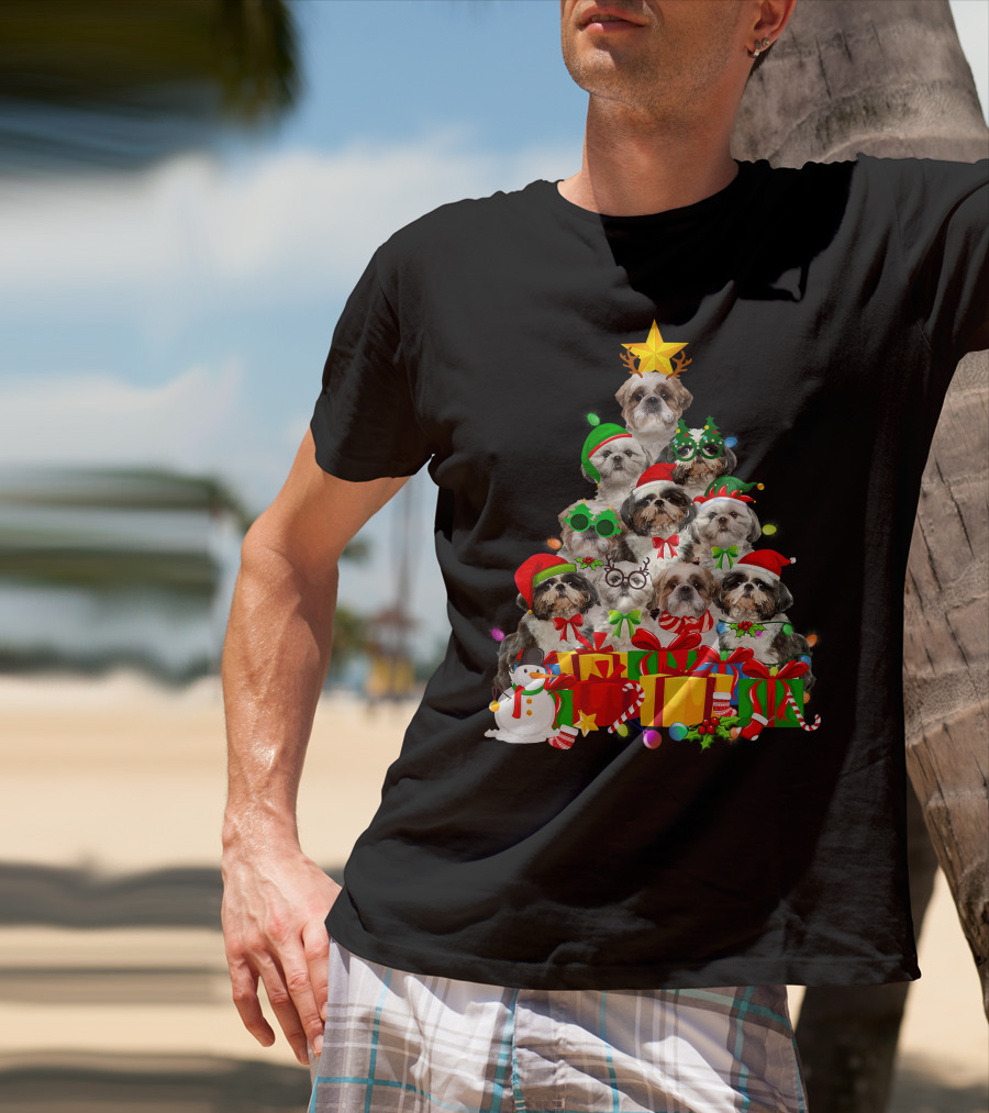 Christmas Tree Puppy Love Shih Tzu Dog Xmas Lights T-Shirt