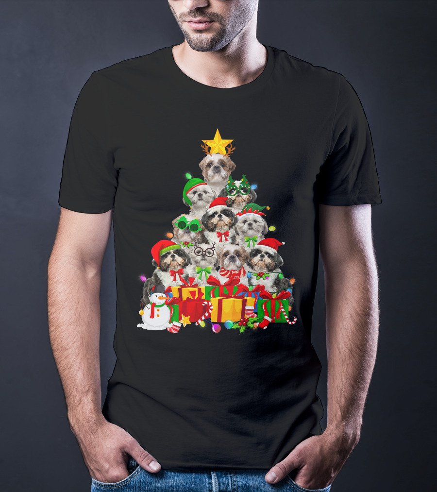 Christmas Tree Puppy Love Shih Tzu Dog Xmas Lights T-Shirt