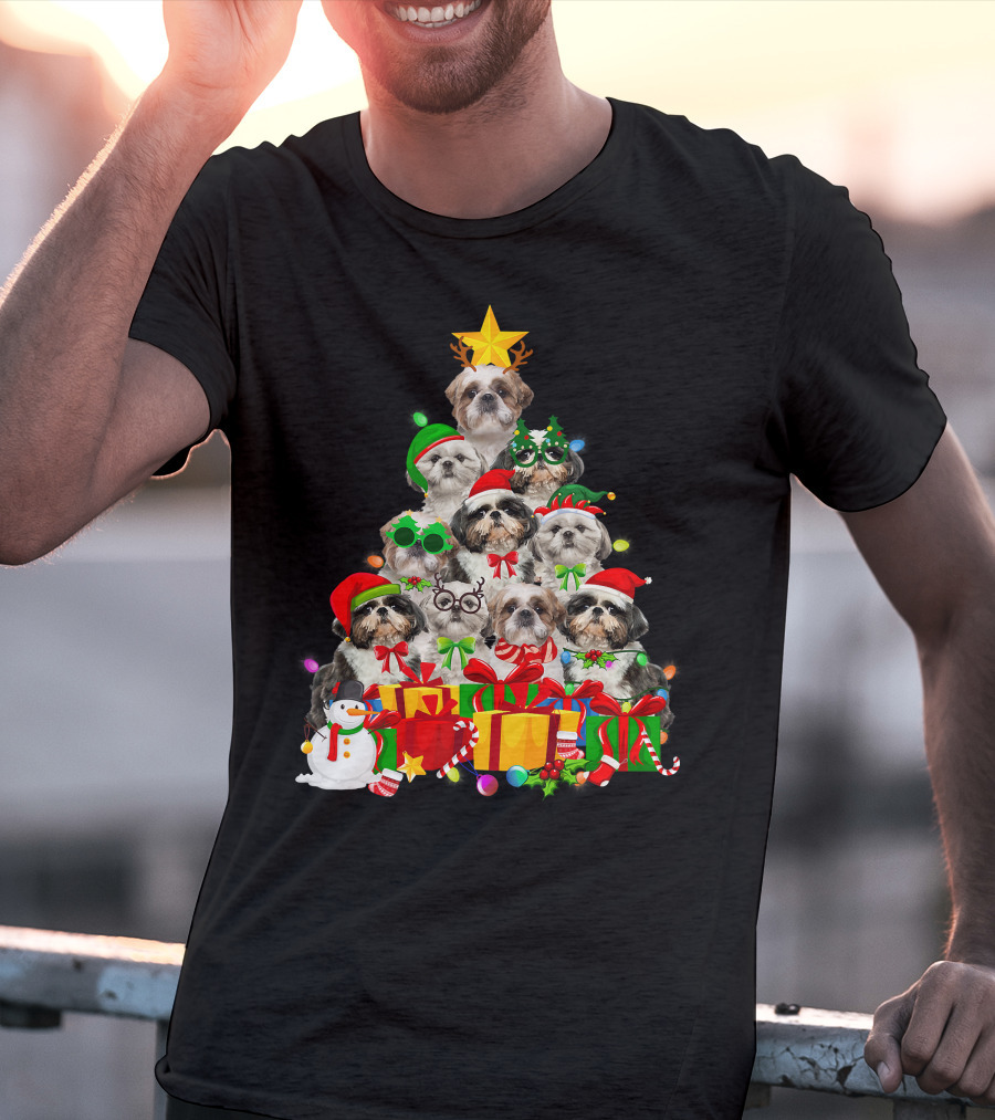 Christmas Tree Puppy Love Shih Tzu Dog Xmas Lights T-Shirt